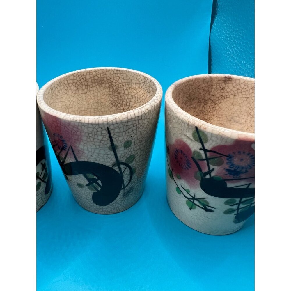 Set Of 3 Vintage Crackle Glaze Ceramic tea Cups With Floral Made in Japan Design